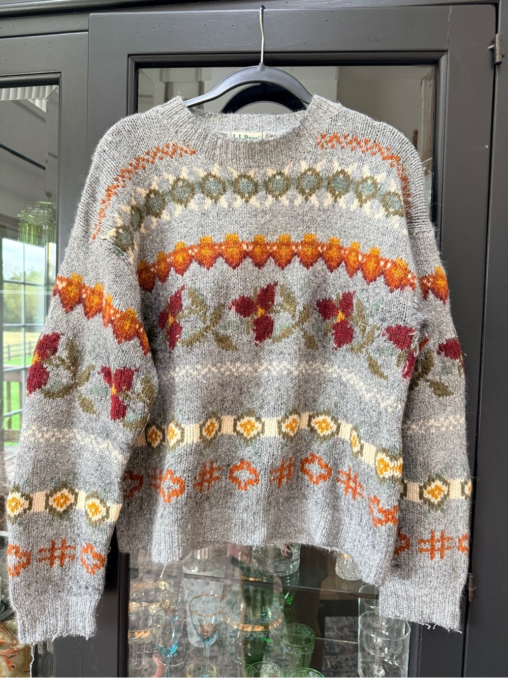 Vintage L.L. Bean Fair Isle Crewneck Sweater in Gray with Rust, Olive & Maroon